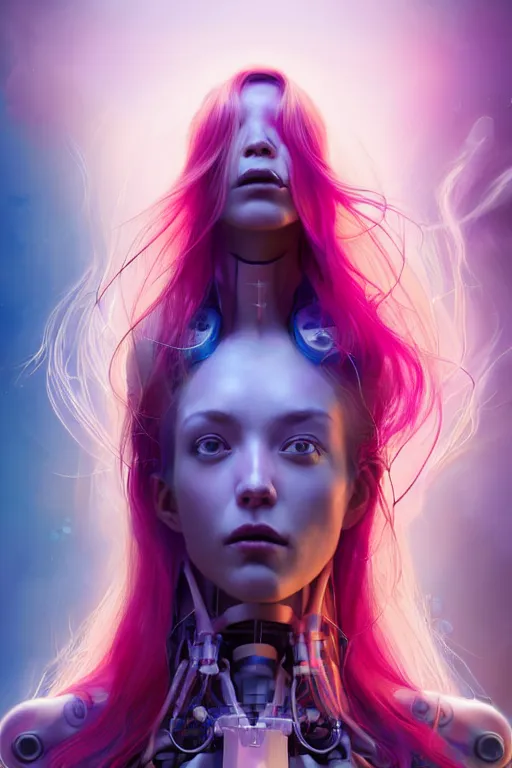 Image similar to a half body image of a beautiful young 28th century super cool post-human female wiht long colorful hair, barely human and largely biomechanical machine, hyper-realistic cyberpunk style, designs by Peter Mohrbacher Takayuki Takeya moody, face by Yanjun Cheng, Irakli Nadar, models by 500px, dramatic cinematic lighting rendered by octane, 8k, detailed, intricate, clean and textures, trending on artstation, deviantart google images, pinterest