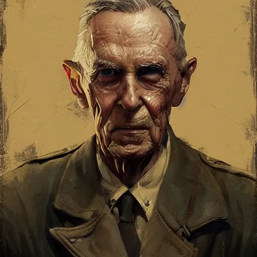 Image similar to old man portrait, ww 2 hand grenade in his left, he pulling pin, greg rutkowski art