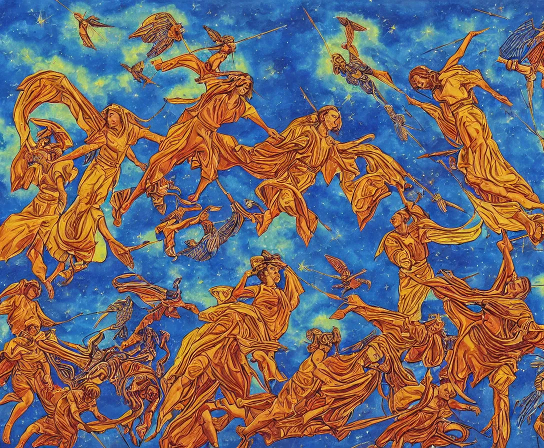 Image similar to sacred angels fighting in the skies of seattle, gouache, stylised, by mati klarwein and moebius