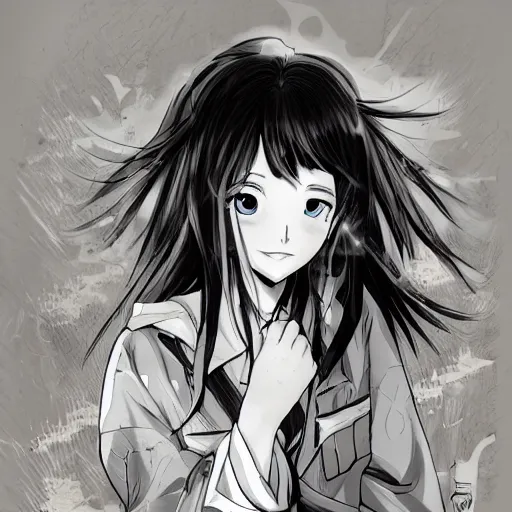 Image similar to manga style, g pen line art, portrait of a girl under artillery fire, trench sandbags in background, soldier clothing, long hair, hair down, symmetrical facial features, comic page, trending pixiv, black shadow patterns, by akio watanabe