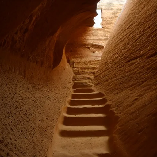 Prompt: Penrose stairs inside of sandy Egyptian catacombs, amber sunset lighting, sand waterfalls