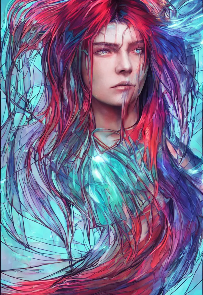 Prompt: neosynthetic spirit wearing stained glass techwear, hyperrealistic photorealism, luminous, concept character sheet, long hair, pastel red blue pallette, detailed eyes, exaggerated facial expressions
