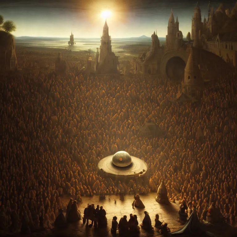 Image similar to crowd of medieval people surrounding UFO flying saucer, dream-like atmosphere, baroque painting, beautiful detailed intricate insanely detailed octane render trending on Artstation, 8K artistic photography, photorealistic, soft natural volumetric cinematic light, chiaroscuro, award-winning photograph, masterpiece, Raphael, Caravaggio, Greg Rutkowski, Beeple