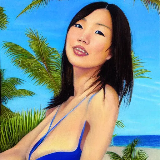 Prompt: perfect, realistic oil painting of close-up japanese woman in racing one-piece swimsuit, at sand beach with palms, by an American professional senior artist, Hollywood concept, dynamic composition and motion