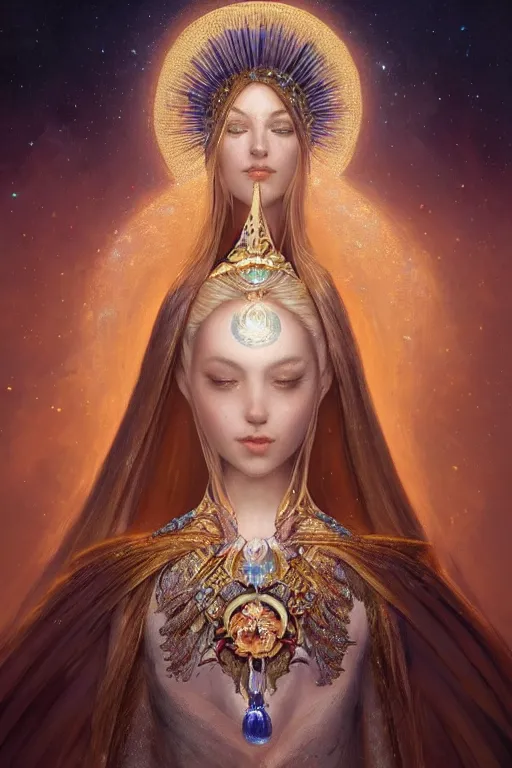 Image similar to A beautiful digital painting of a female Seraphim full of jewels, princess, the moon behind her, intricate, cinematic lighting, highly detailed, digital painting, Artstation, concept art, smooth, sharp focus, illustration, art by Tom Bagshaw, Artgerm and Greg Rutkowski