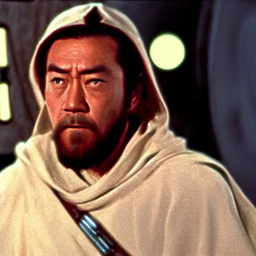 Prompt: technicolor still of toshiro mifune as obi wan kenobi in star wars : a new hope