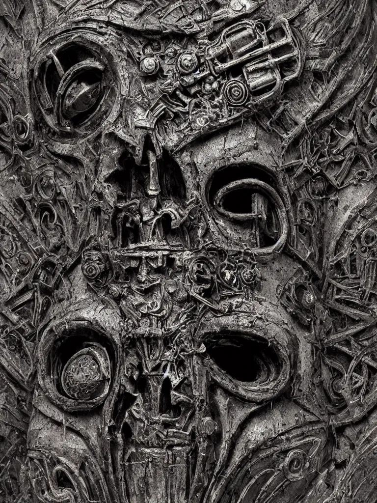 Image similar to extra wide view. an ominous dark ancient mask. barron. worn out photography. sepia. cracks. hyper - detailed. gothic steampunk. low poly medieval baroque. symmetric. epic. hyper - realistic. unreal render.