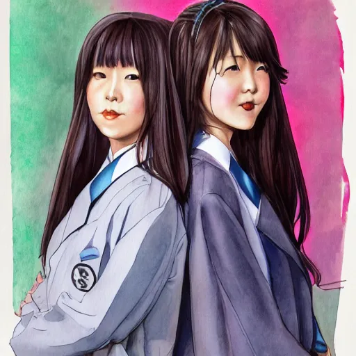 Image similar to a perfect, realistic professional digital sketch of two Japanese schoolgirls posing, in style of Marvel, full length, by pen and watercolor, by a professional American senior artist on ArtStation, a high-quality hollywood-style sketch, on high-quality paper