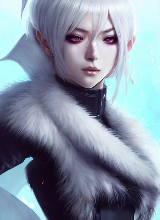 Image similar to fur - lined armor!!! beautiful and elegant white haired female!! gorgeous ayes!! character concept art, sharp focus, octane render! unreal engine 5! highly rendered!! trending on artstation!! detailed linework!! illustration by artgerm, wlop and chie yoshii