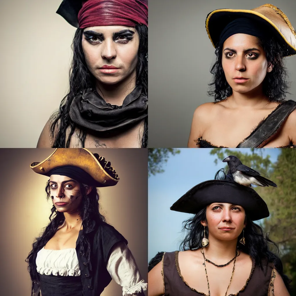 Prompt: a portrait photo of an 18th century hispanic pirate woman with olive skin black eyes and short black hair, well defined jawline, young adult, dirty and ragged, wearing a bandana and a black hat, with a crow on her shoulder, HD photography, 30mm, flickr, cinematic lighting, gold and teal color graded, movie shot, no makeup