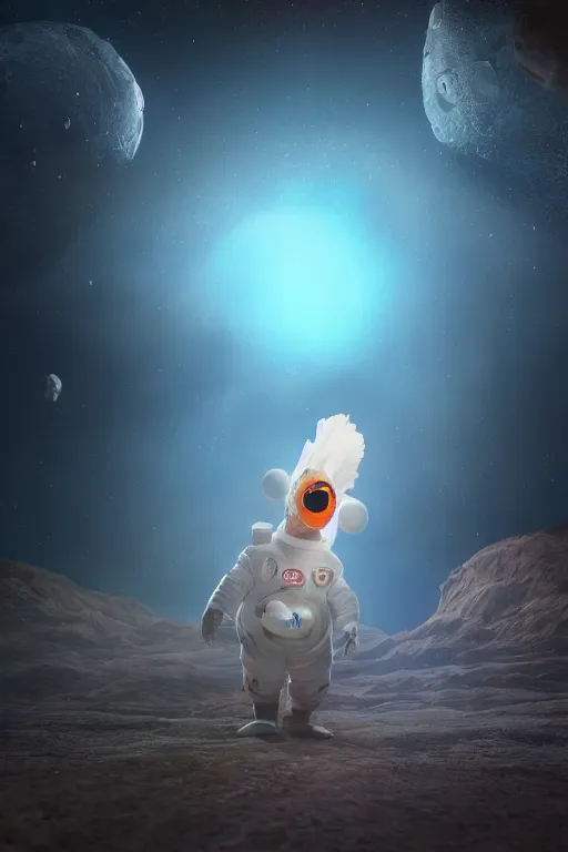 Image similar to a lonely chicken wearing a space suit without helmet in a alien planet, profile picture, digital art, concept art, trending on DeviantArt, highly detailed, high quality, 4K, cartoon, high coherence, path traced, blue sky in the background, octane render, digital painting, no helmet, masterpiece, anatomically correct, hyperrealistic