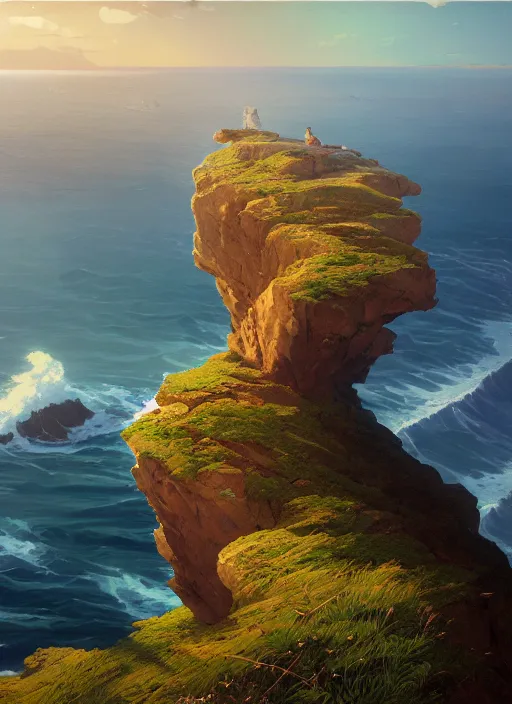 Prompt: steep cliffs overlooking a stormy sea, extremely detailed oil painting, unreal 5 render, rhads, sargent and leyendecker, savrasov levitan polenov, bruce pennington, studio ghibli, tim hildebrandt, digital art, landscape painting, octane render, beautiful composition, trending on artstation, award winning photograph, masterpiece