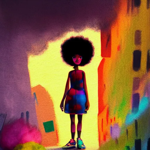 Image similar to a black girl with a colorful afro walking in a cyberpunk street by ralph bakshi, low angle shot, cinematic, colorful, trending on artstation, bright colors, synthwave, watercolor, volumetric wool felting, felt, macro photography, children illustration, by goro fujita