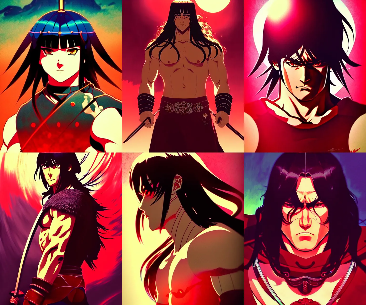 Prompt: ilya kuvshinov anime illustration of conan the barbarian, fine detail, perfect anime face, dramatic lighting, dynamic composition, moody, art deco, cel shading, vivid, stippled lighting, rich texture, yoshinari yoh, alphonse mucha, takashi murakami, ( ( ( colorful ) ) ), eguchi