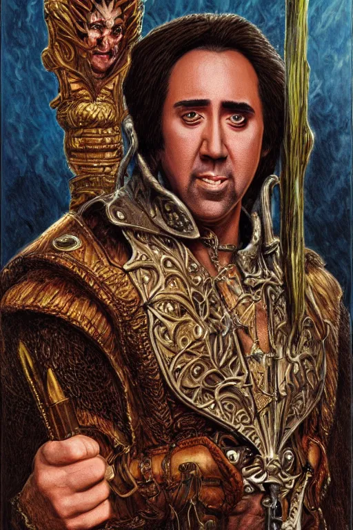 Image similar to portrait of Nicolas Cage as wizard, fantasy, intricate, highly detailed, artstation, illustration by ken kelly