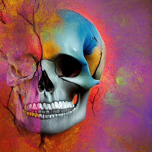 Prompt: A beautiful body art of a skull that is part organic, part mechanic. It is an accurate representation of how the artist sees the world. phthalo by Nathan Wirth saturated