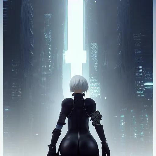 Image similar to realistic render zero from nier series bytaro yoko, drawn by ross draws, flower in eye, futuristic dystopian city by ilya kuvshinov, digital art by ross tran, extreme intricate details, composition by sana takeda, lighting by greg rutkowski