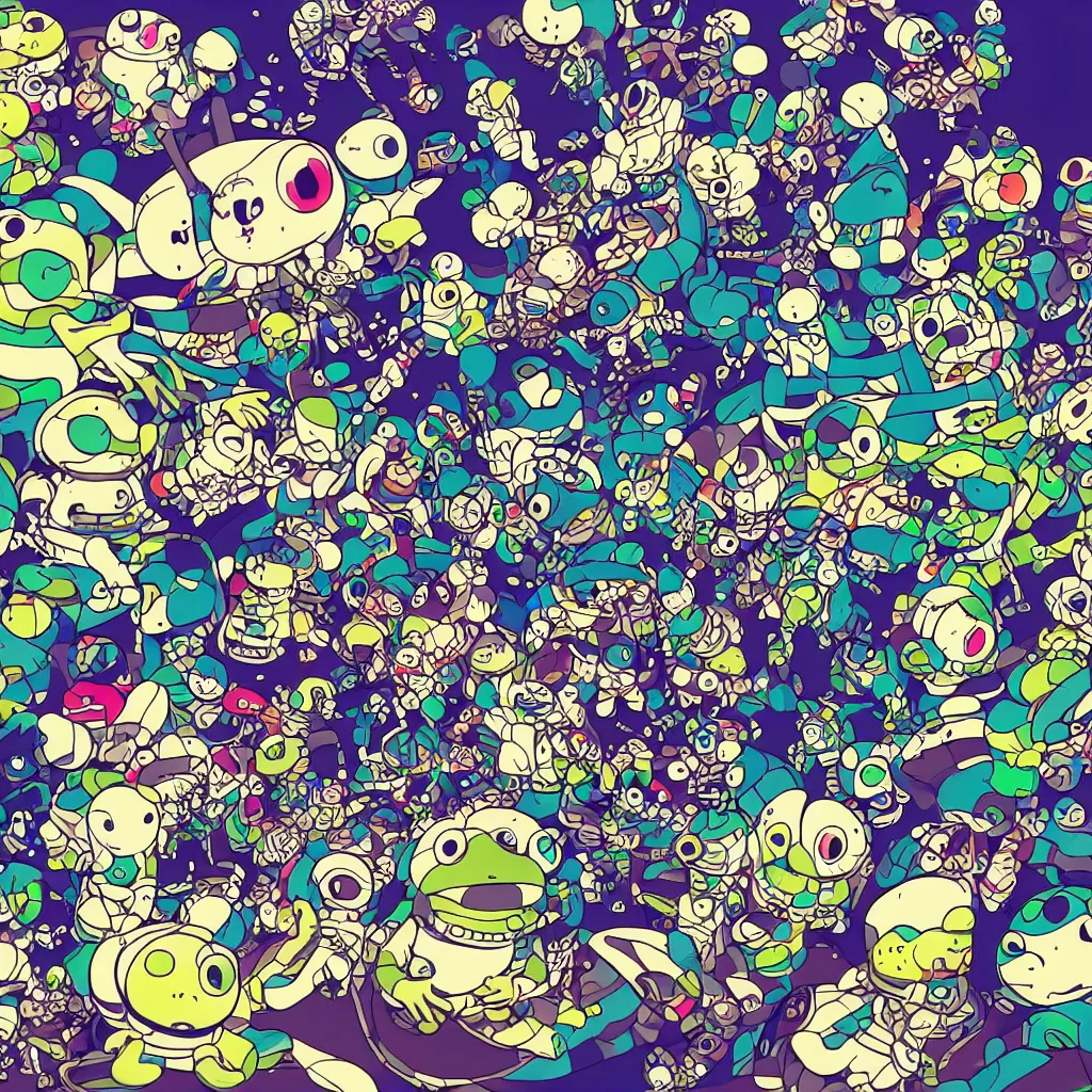 Image similar to toads, frogs, ryuta ueda artwork, breakcore, style of jet set radio, y 2 k, gloom, space, cel - shaded art style, indigo rainbow, data, minimal, takashi murakami artwork, code, cybernetic, dark, eerie, cyber