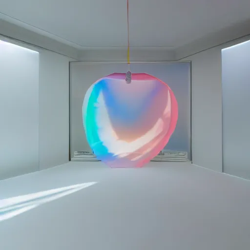Image similar to an ultra high definition professional studio quality photograph of a transparent iridescent perspex pastel coloured inflatable parachute sculpture material in an empty white room. dramatic lighting, ray tracing, refraction, shallow d. o. f, colour corrected, golden ratio, three point light. volumetric shadows. god rays.