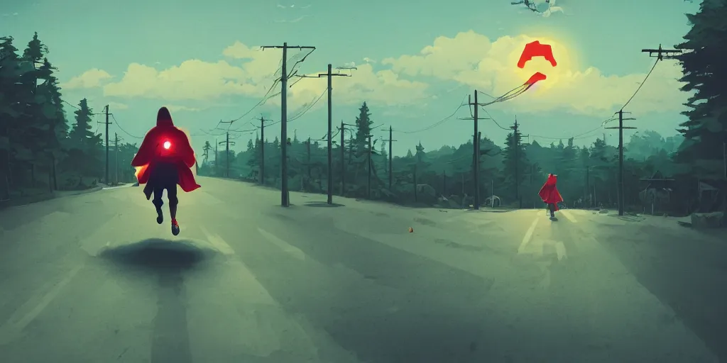 Image similar to Rule of Thirds focusing on Jesus christ representing a samurai running, jesus happy, Portrait, Very Cloudy Sky, Sun, Neon Lights, Rule of Thirds, perspective, Retrofuturism, Studio Ghibli, Simon Stålenhag