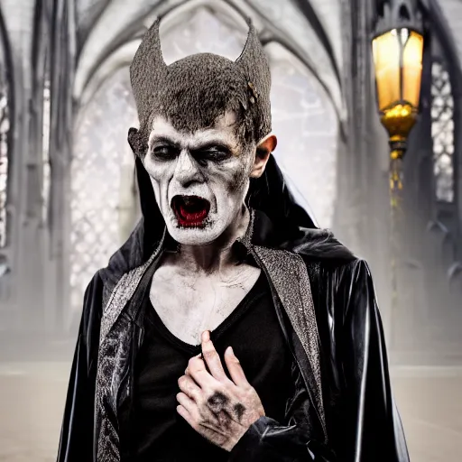 Image similar to vampire with raisin skin texture, grey wrinkled skin, posing on gothic cathedral roof, hostile architecture, vampire portrait, thunderbolt backdrop, illuminated by lightning, old tattered velvet cape, gaunt expressionless face, sunken cheekbones, bags under eyes, puffy white shirt, full moon, global illumination, gold dappled light, gradient aperture