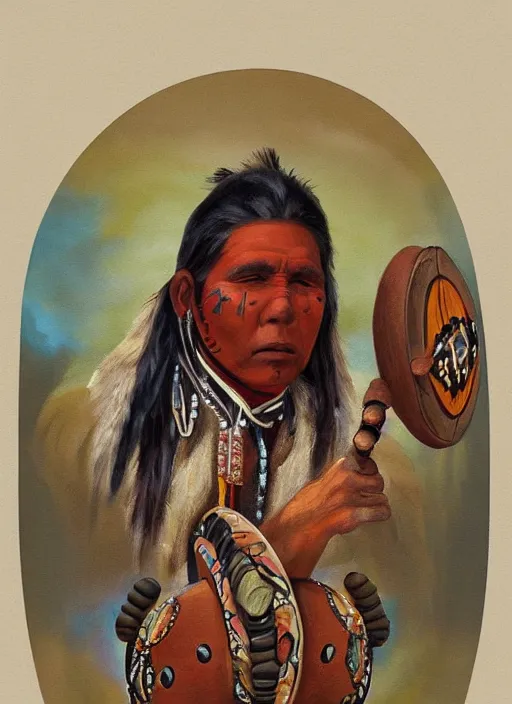 Image similar to a beautiful painting of an indigenous man holding a highly decorated round shamanic drum, fantasy art, matte painting