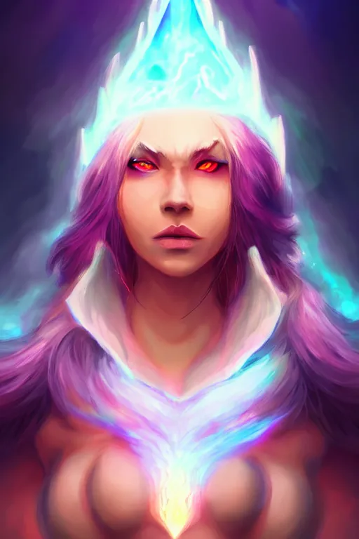 Image similar to a human elemental sorceress, mountainous setting, colorful magic effects, white skin, portrait, female, clothed, sharp focus, digital art, concept art, trending on artstation, dynamic lighting, by emylie boivin