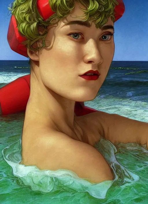 Image similar to portrait Beetlejuice green as sea lifeguard on the beach, full length shot, shining, 8k highly detailed, sharp focus, illustration, art by artgerm, mucha, bouguereau