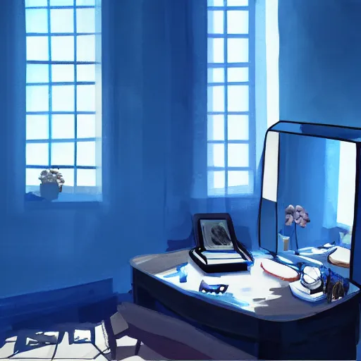 Prompt: A dressing table in the middle of a blue room, a large window is letting in sunlight,peaceful atmosphere, ,digital art , highly detailed , high contrast, beautiful lighting, award winning , trending on art station, 8k