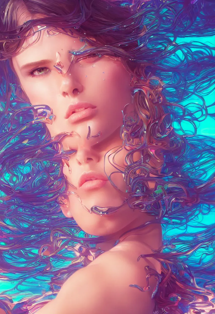 Image similar to beautiful, young woman, detailed gorgeous face, vaporwave aesthetic, synthwave, water waves, colorful, psychedelic, artstation, concept art, smooth, extremely sharp detail, finely tuned detail, ultra high definition, 8 k, unreal engine 5, ultra sharp focus, illustration, art by artgerm and greg rutkowski and alphonse mucha