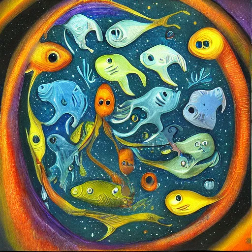 Prompt: weird fishes at the bottom of the earth, surrealist painting, oil on canvas, layered texture, shimmering, translucent,