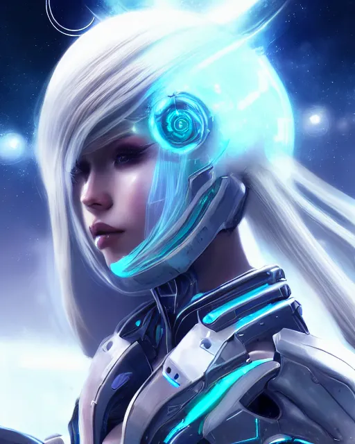 Image similar to perfect android girl on a mothership, warframe armor, beautiful face, scifi, futuristic, galaxy, nebula, raytracing, dreamy, long white hair, blue cyborg eyes, sharp focus, cinematic lighting, highly detailed, artstation, divine, by gauthier leblanc, kazuya takahashi, huifeng huang