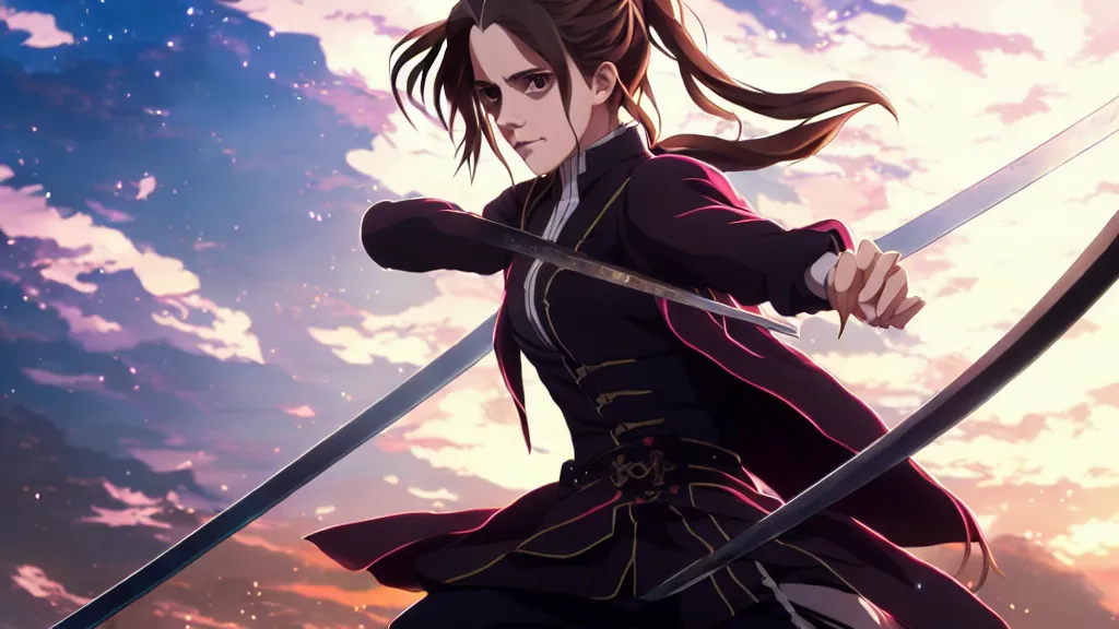 Image similar to a very detailed key visual of emma watson, demon slayer, ufotable, high quality, artgerm, action, on a street, night, fate stay night, unlimited blade works, greg rutkowski, high resolution, dynamic pose, landscape, medium portrait, samurai outfit, action, hyper realistic, anime, koyoharu gotouge, sakuga