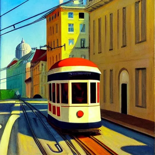 Prompt: street art. paralyzed by the indescribable beauty of the cosmos. amazing view of the tram from lisbon. art style by edward hopper daring, incredible