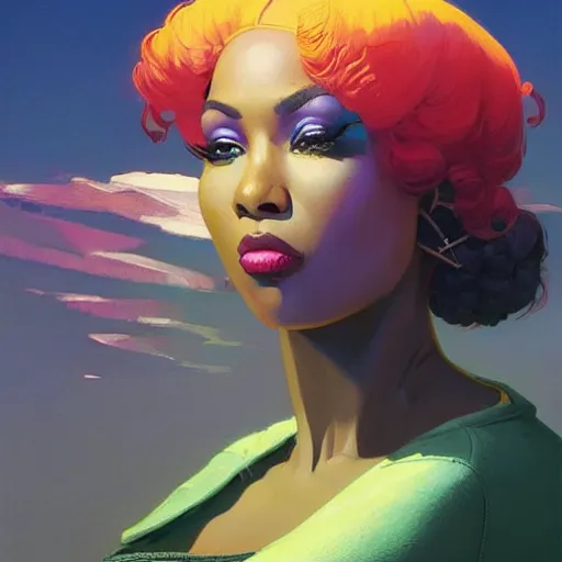 Image similar to 4k headshot of thicc Nikki Minaj from Macfarlane comics, killing with green fire by Craig Mullins, ilya kuvshinov, krenz cushart, epic , artgerm trending on artstation by Edward Hopper and Dan Mumford and WLOP and Rutkovsky, beksinski carl spitzweg moebius and tuomas kocar, intricate artwork by caravaggio, Unreal Engine 5, Lumen, Nanite , 4K headshot of godlike clown with defined arms and open hands and bloody clothes with giant mandala wings , intricate face , flawless anime cel animation by Kentaro Miura, psychedelic , highly detailed upper body , professionally post-processed , beautiful, scary, symmetry accurate features, epic, octane rendered, anime masterpiece, accurate