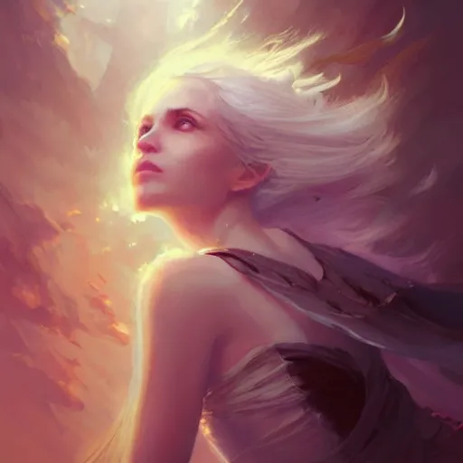 Image similar to a portrait of a beautiful lady with adorable eyes, beautiful eyes, looking up onto the sky, light smiling, art of wlop and greg rutkowski, epic fantasy art, bright light masterpiece, ray of light through white hair