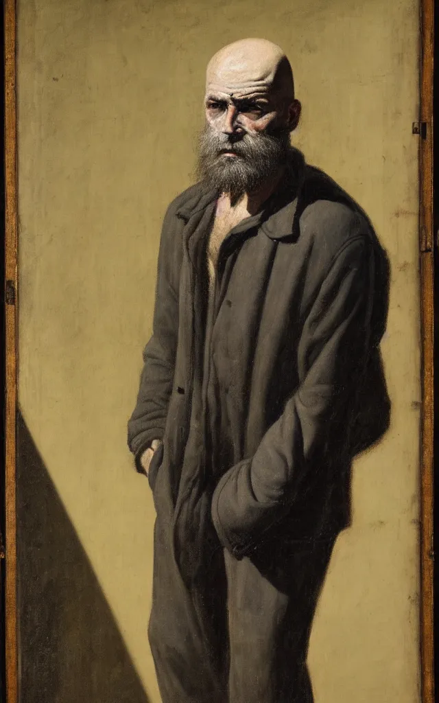 Prompt: realist painted portrait of a rugged bald middle aged man with an aquiline face, broken nose, and greying beard, standing in a dark doorway