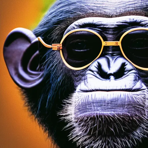 Prompt: high quality 8 k landscape photo of a smiling and arrogantly wise looking chimpanzee wearing cool dark sunglasses, chimpanzee photo like leon the professional, highly detailed, cinematic composition, cinematic lighting, 1 9 8 0 s retro hippie vintage hipster art