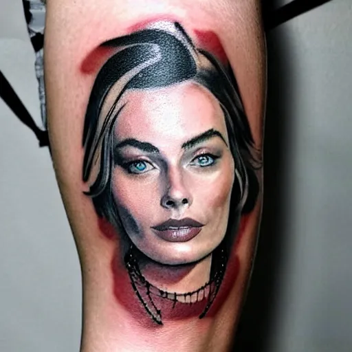 Prompt: face morph tattoo design of margot robbie and beautiful mountain scenery, in the style of arlo dicristina, amazing detail, mash up