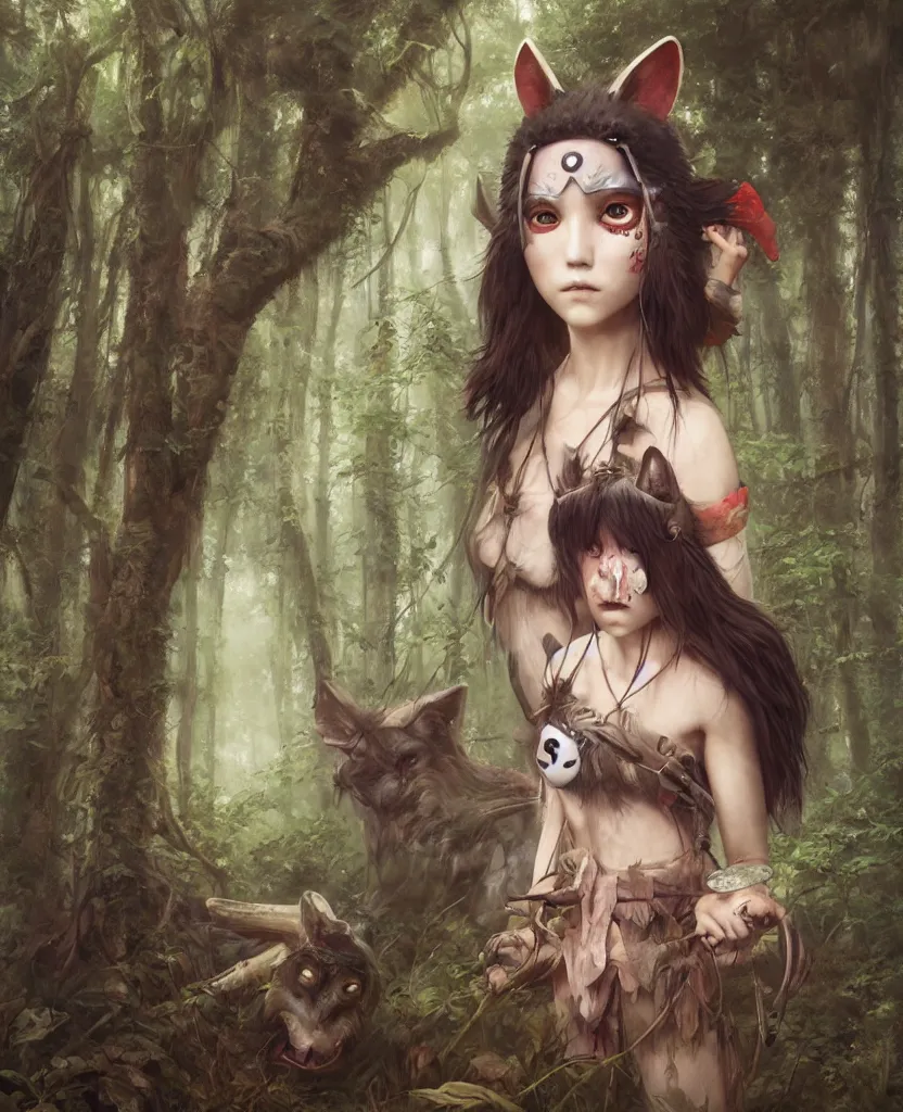 Image similar to portrait of Princess Mononoke wearing mask, lush forest landscape, painted by tom bagshaw, proko, artgerm, norman rockwel, james gurney, denoised, sharp,