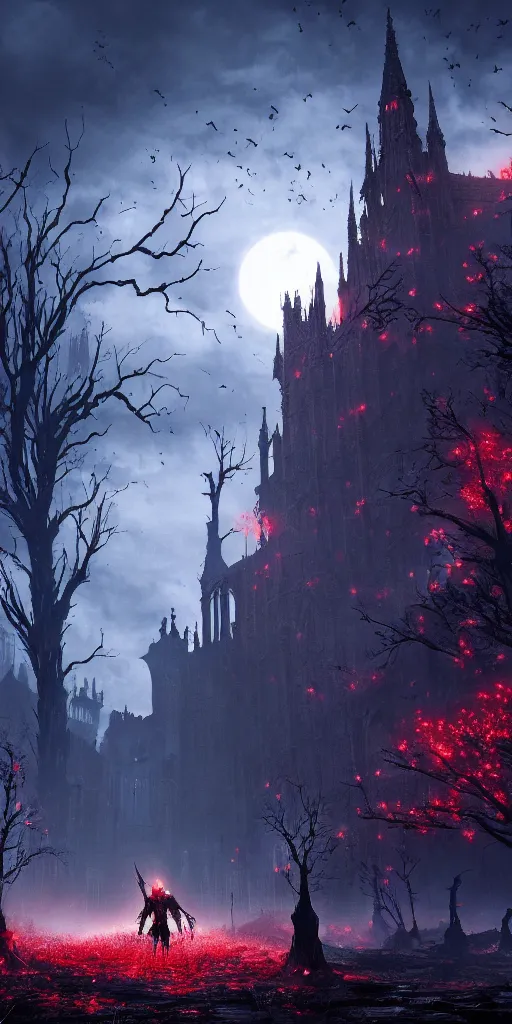 Image similar to abandoned bloodborne old valley with a person at the centre and a ruined gothic city in the background, trees and stars in the background, falling red petals, epic red - orange moonlight, perfect lightning, wallpaper illustration by niko delort and kentaro miura, 4 k, ultra realistic