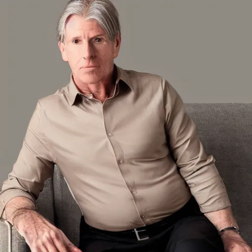 Prompt: full body photo of steve, mature male, mysterious face. he is sitting gracefully on a sofa, elegant slim beige shirt, tight shirt, big, firm, soft, bouncy belly