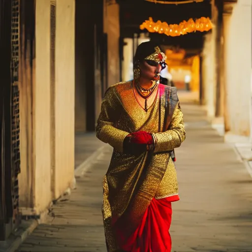 Image similar to a dramatic photograph of a person wearing traditional indian clothes, person wearing indian traditional clothes walking in a modern city, cinematic lighting