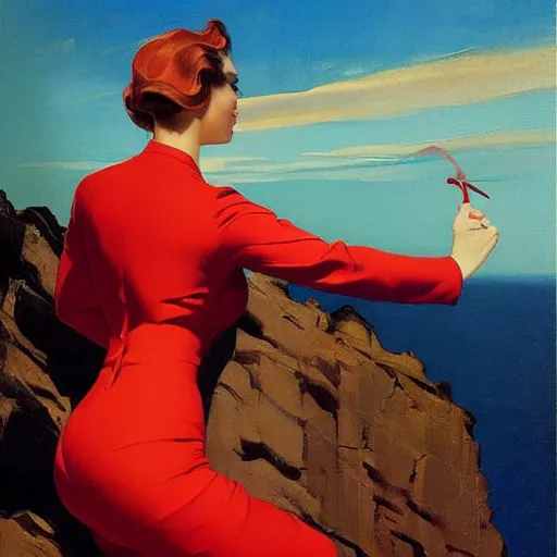 Image similar to an attractive female in a red suit standing on a cliff, looking out at a red ocean, jc leyendecker!! phil hale!, angular, brush strokes, painterly, vintage, crisp