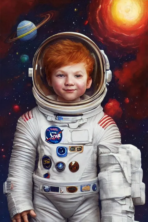 Image similar to a little boy with a cherubic michievous face and ginger hair floating in space, surrounded by stars. he is an astronaut, wearing a space suit. clean elegant painting, beautiful detailed face. by raymond swanland and artgerm and greg rutkowski