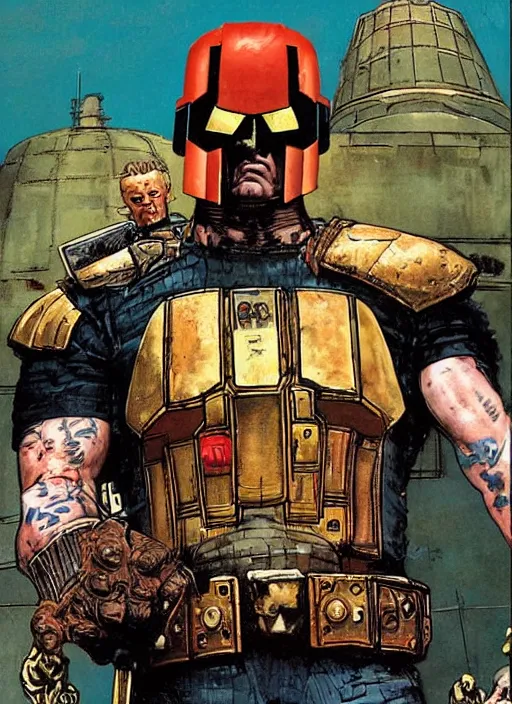 Image similar to full body and head portrait of martyn ford as judge dredd running from the thing, dynamic action, painted by norman rockwell and phil hale and greg staples and tom lovell and frank schoonover and jack kirby