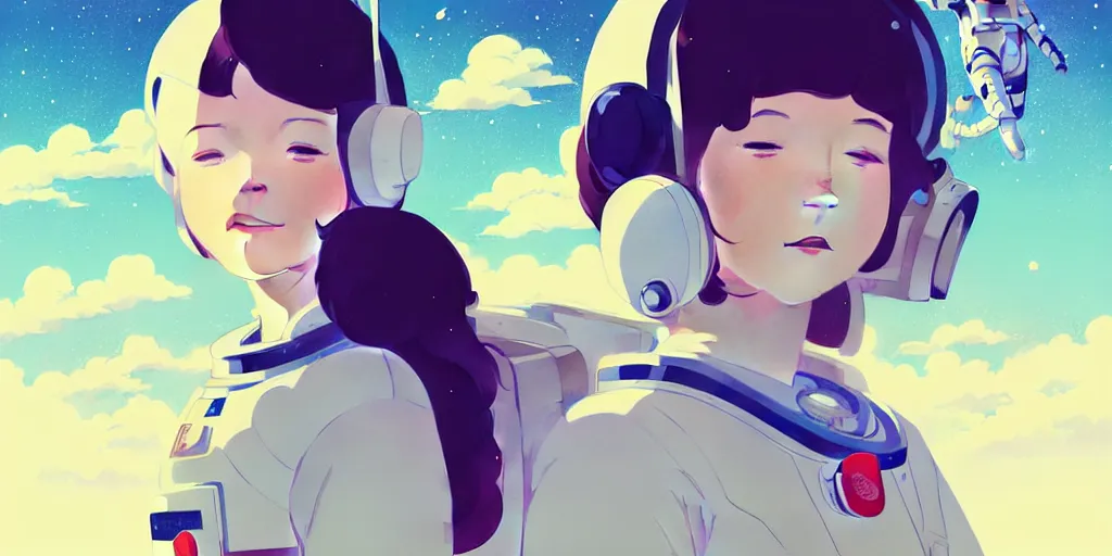 Prompt: portrait of a smiling girl in astronaut helmets by ilya kuvshinov, cloudy sky background lush landscape ln illustration concept art anime key visual trending pixiv by victo ngai fanbox by greg rutkowski makoto shinkai takashi takeuchi studio ghibli