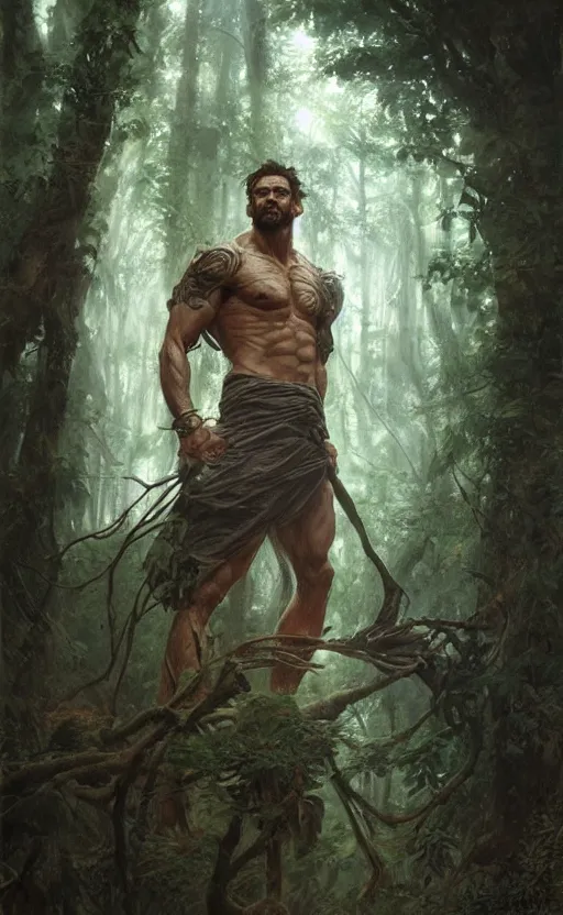 Image similar to god of the forest, 3 0 years old, rugged handsome, male, gorgeous, detailed face, clean lines, cinematic light, amazing, full body, flowers, muscular, intricate, highly detailed, digital painting, artstation, concept art, sharp focus, illustration, art by greg rutkowski and alphonse mucha