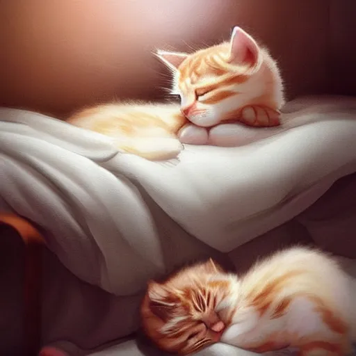 Prompt: two kittens sleeping in a comfy bed beautiful digital art trending on Artstation