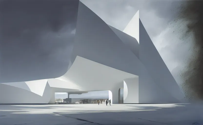 Image similar to painting of a wide angle exterior shot of a white architecture designed by zaha hadid and peter zumthor, darek zabrocki, greg ruthkowski, cinematic and blue cold atmospheric, archviz, archdaily, deezen, concept art, artstation, trending on artstation